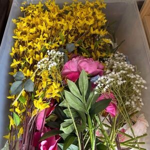 Vibrant Floral Arrangement with Yellow, Blue, Pink, and Green Accents